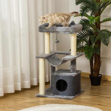 PawHut Драбина для котів 90 см з гамаком та ігровим комплексом, котяча печера, платформи, драбина для лазіння з плюшу та сизалю сірого кольору