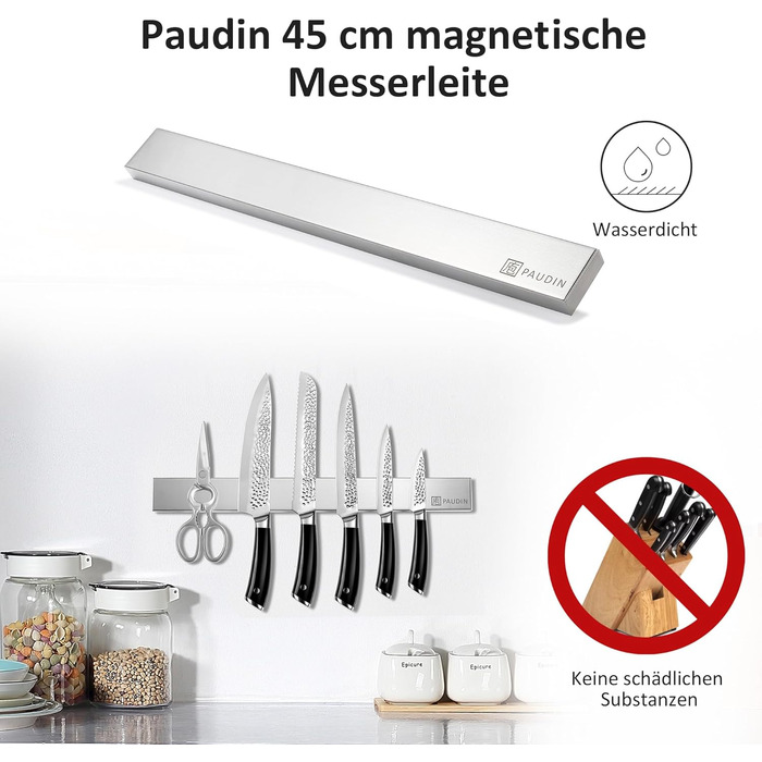 PAUDIN Magnetic Knife Strip 45 cm - Magnetic Knife Holder for Kitchen Knives made of Stainless Steel with Extra Strong Magnet as Knife Holder for Wall, Self-Adhesive for Kitchen Utensils or Tools
