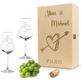 Leonardo Wine Glasses Set of 2 with Wooden Box and Engraving for Him & Her. Only Love Matters. Personalized with Name & Date. Heart-Shaped Glass Leonardo Puccini, 560ml.