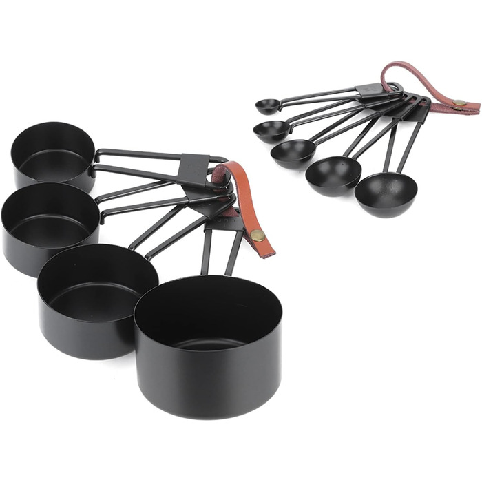 Qukaim Measuring Cup Set, 9-piece, black, stainless steel, including measuring spoons and scoops, kitchen and baking accessories, easy-to-read scale