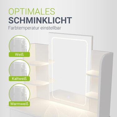 Туалетний столик Juskys Zoey з LED-підсвіткою, дзеркалом, шухлядою, 3 відділеннями та шафкою, 90x38x137 см, білий, дерев'яний косметичний стіл з LED-дзеркалом