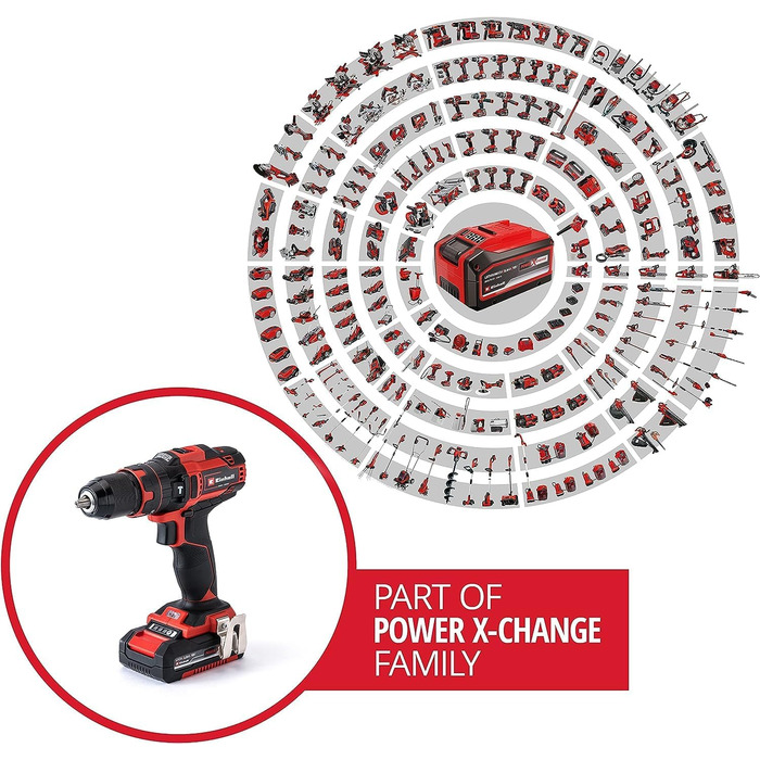 Акумуляторний ударний дриль-шуруповерт Einhell TE-CD 18/40 Li-i +64 (Power X-Change, 18 В, 40 Нм) з набором акумуляторів 2x2.0 Ah та аксесуарами