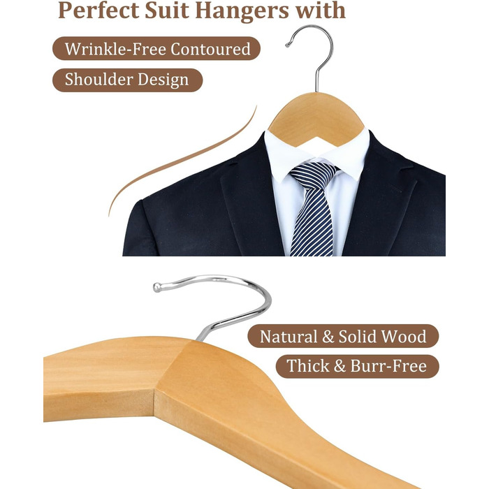 Дерев'яні вішалки для одягу AMKUFO, 20 шт., з неслизьким покриттям, обертовий гачок 360°, для джинсів, штанів, курток, сорочок, суконь, натуральне дерево