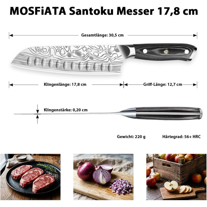 Ніж Santoku MOSFiATA 18 см кухонний, сталь EN 1.4116, дерев'яна ручка - гострий ніж для кухні