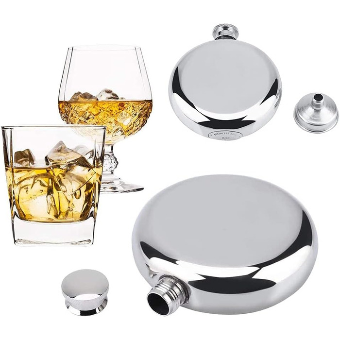 Набір з 2 флаконів для алкоголю з нержавіючої сталі, 177 мл, для віскі, коньяку, кемпінгу, подорожей, барів та вечірок (сріблястий)