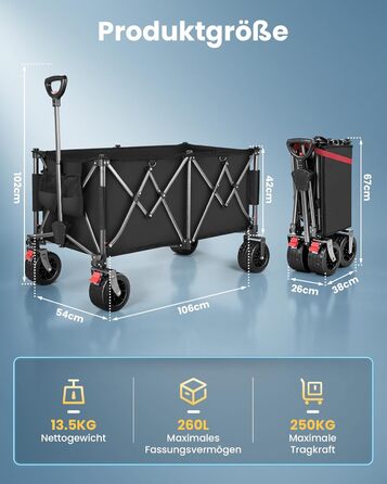 Візок-садовий YEAUPE PRO 260L, вантажопідйомність 250 кг, гальма, колеса All Terrain 17x10 см, чорний