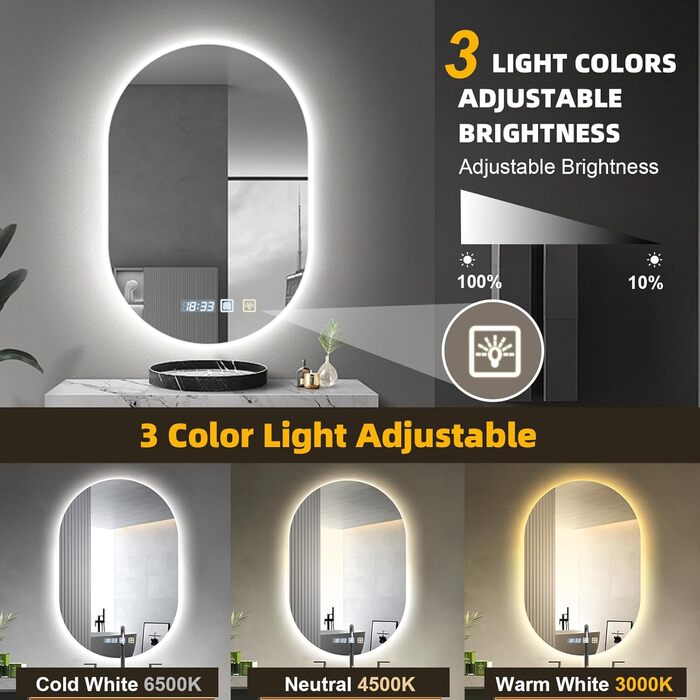 Дзеркало для ванної кімнати Viugreum з підсвічуванням 50x75 см, овальне LED дзеркало з регулюванням яскравості, 3 кольори світла, протитуманне покриття, годинник, сенсорне управління