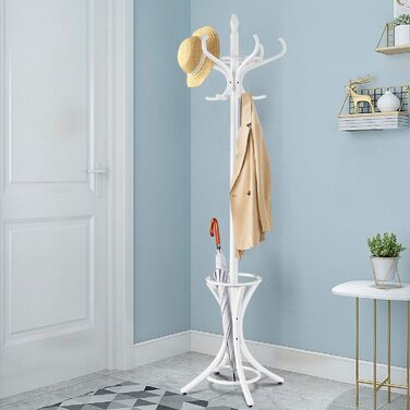 GIANTEX Coat Rack with Umbrella Stand, Clothes Rack Wood with 12 Clothes Hooks, Wooden Coat Tree Freestanding, Standing Coat Rack for Entryway Living Room (white)