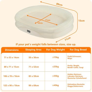 Ортопедичне ліжко для собак, ліжко-софа для собак з підковоподібним валиком, неслизьке дно, кошик для собак, знімне та пральне, середні та великі породи, 106 x 79 x 17 см (90 x 71 x 15 см), бежеве