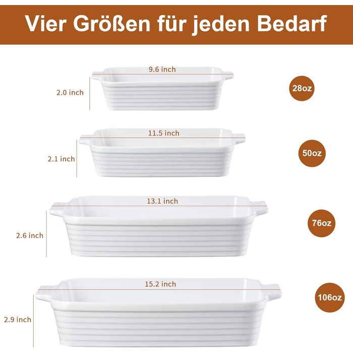 Набір форм для запікання Jassceram з кераміки (4 шт.) – глибокі прямокутні форми для лазаньї та випікання. Великий набір порцелянових форм для духовки, підходить для приготування брауні, банкетів. Розміри: 9.6'/11.5'/13.1'/15.2'