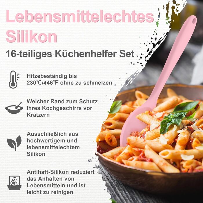 Набір кухонних аксесуарів Homikit 16 шт. з тримачем, кухонне приладдя, термостійкий посуд, кухонне начиння, придатний для миття в посудомийній машині (рожевий)