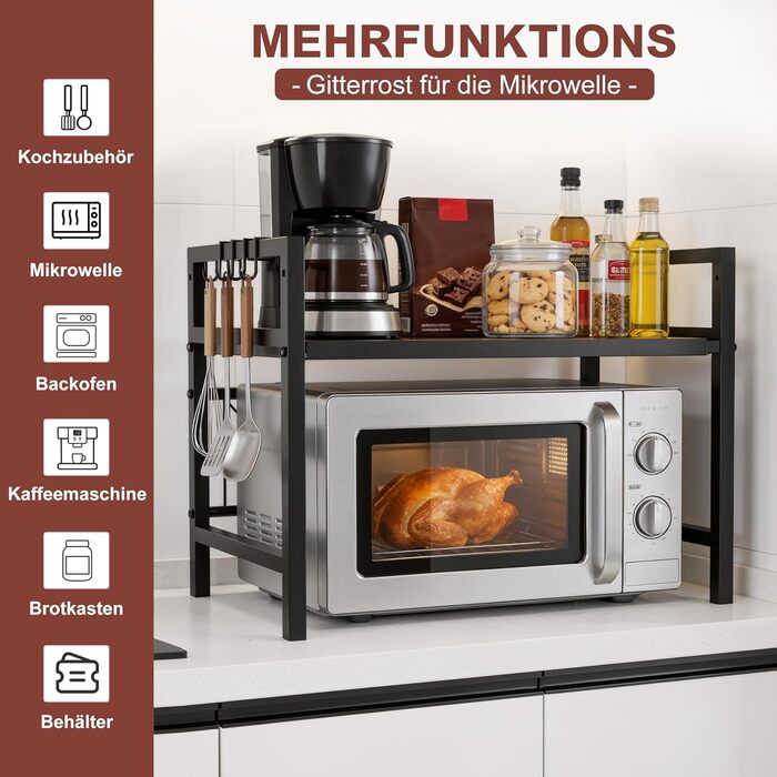 Розширювана полиця для мікрохвильової печі Ribelli, 2 яруси, сталева, з 3 гачками, чорна