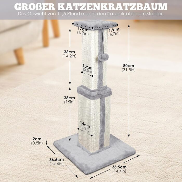 Kratzbaum, 31.5 inches (80cm) tall Scratching Post, Cat Tree, Scratching Log for Medium and Small Cats, Natural Sisal Scratching Post with Interactive Plush Ball, Beige