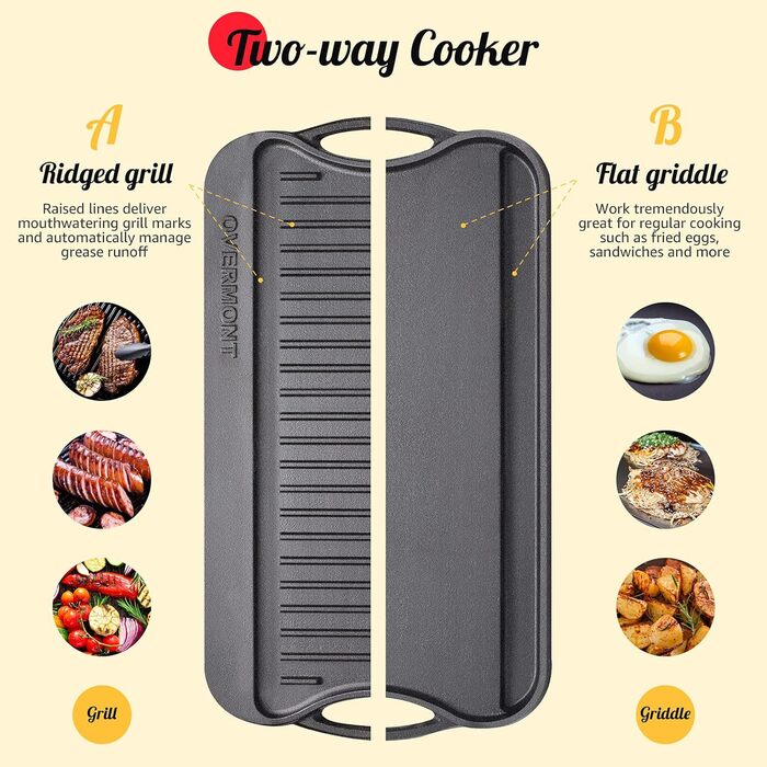 Чавунна двостороння гриль-плита OVERMONT з ручками 43,2×24,9 см для BBQ, духовки, газового та вугільного гриля