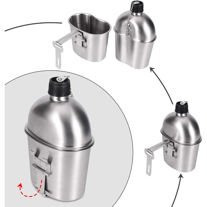 Goetland Stainless Steel US Military Field Bottle Set 1.2l with 0.6l Cup Nylon Bag Water Bottle Cooking Pot Camping Cup (1 Liter with 0.5 Liter)