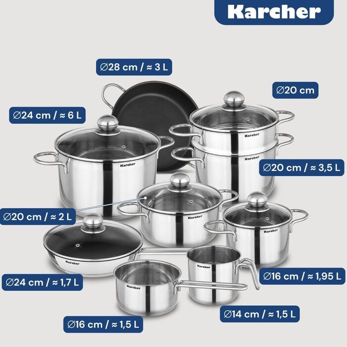 Karcher 14-Piece Stainless Steel Cookware Set with Glass Lids - Induction Compatible