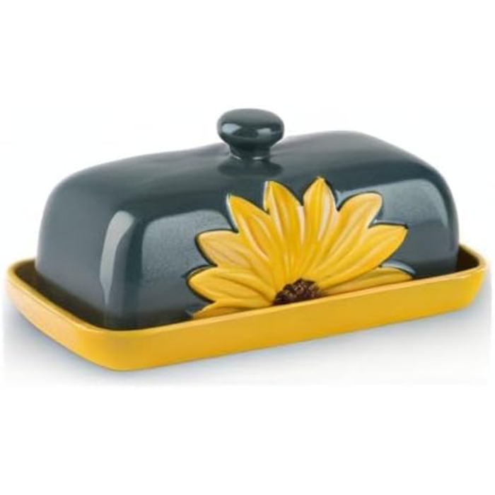 Farmhouse Ceramic Butter Dish with Lid, Large Sunflower Butter Dish