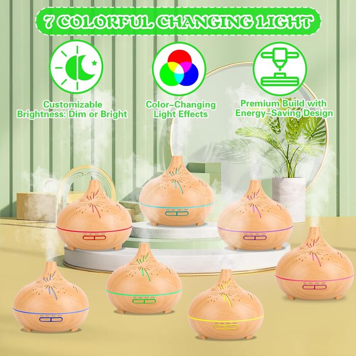 Ультразвуковий аромадифузор 550мл з дерев'яною обшивкою, керуванням від пульта, 7 LED кольорів з регулюванням яскравості, таймер 1/3/6 год, для спальні, вітальні, йоги та офісу