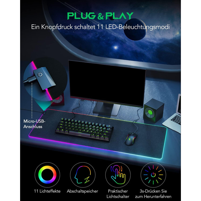 Ігрова мишка Pad Black Shark Manta P3 XL (90x40 см) - килимок для миші з RGB підсвічуванням, вологостійкий, чорний