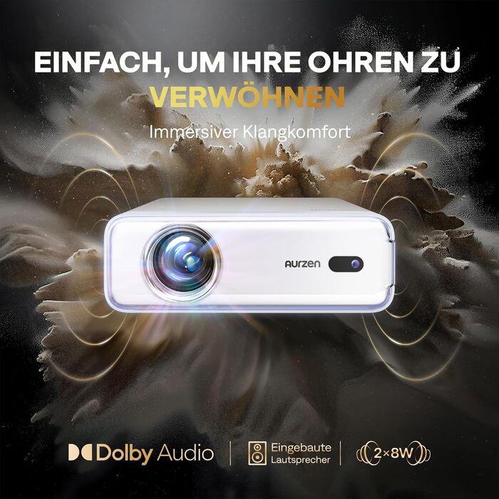 Aurzen Eazze D1 Smart Beamer: 4K проєктор для дому, Wi-Fi, Bluetooth, Netflix, Dolby Audio, автофокус, корекція трапеції, Mini проєктор, білий