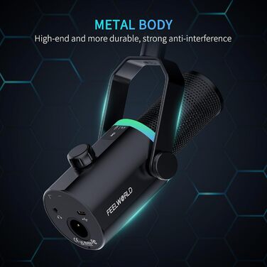 FEELWORLD PM1 Динамічний мікрофон XLR/USB з RGB-підсвічуванням для запису подкастів, геймінгу та YouTube. Комплект з підсвічуванням, навушником, підставкою та XLR-кабелем