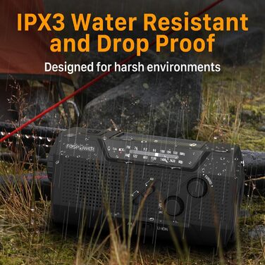 Радіо на сонячній енергії FosPower з живленням від акумулятора 10000mAh - радіо NOAA/AM/FM, USB/Solar/Ручний заряд, SOS-сигнал, ліхтарик для надзвичайних ситуацій (7400mWh, чорний)