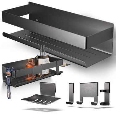 Набір для зберігання в душі Henal 5 в 1, нержавіюча сталь, без свердління, поличка для душу з тримачем для бритви, для скребка, мильниці та гачка, органайзер для ванної кімнати XXL (Матовий Чорний)