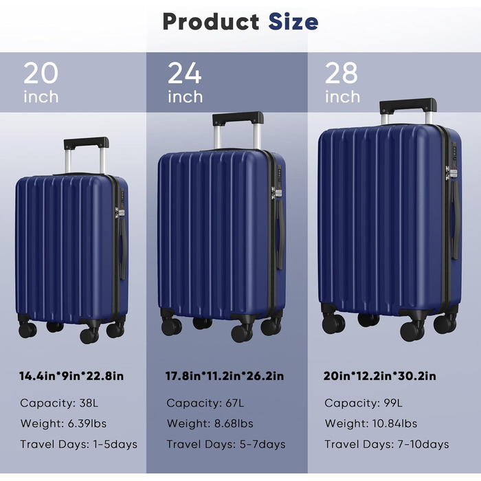 Набір валіз SHOWKOO 2 шт. з жорсткою оболонкою 65см+75см, розширюваний, ультралегкий, з полікарбонату, з TSA замком та 4 колесами (Темно-синій, XL/75CM)