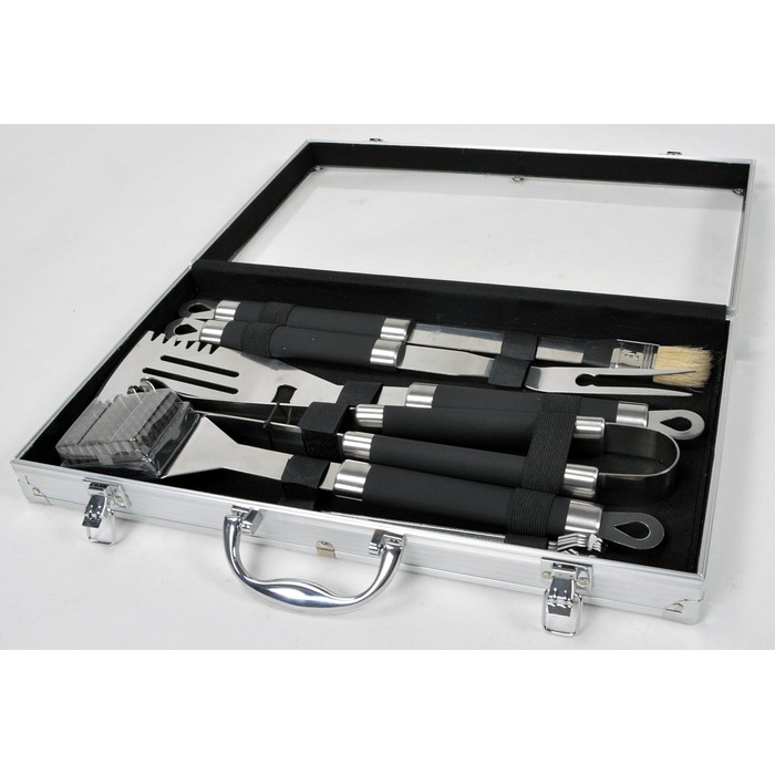 Набір гриль-посуду з нержавіючої сталі 11 предметів: гриль-кофр, аксесуари для барбекю, подарунок для гриля та приготування їжі (щітка, вилка, щипці, шампури, пензлик, лопатка)