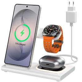Бездротова зарядка 3-в-1 Samsung: для Galaxy S26/S25/S24/S23, Z Flip/Fold, Galaxy Watch Ultra/8/7/6/5/4, Buds (Біла)