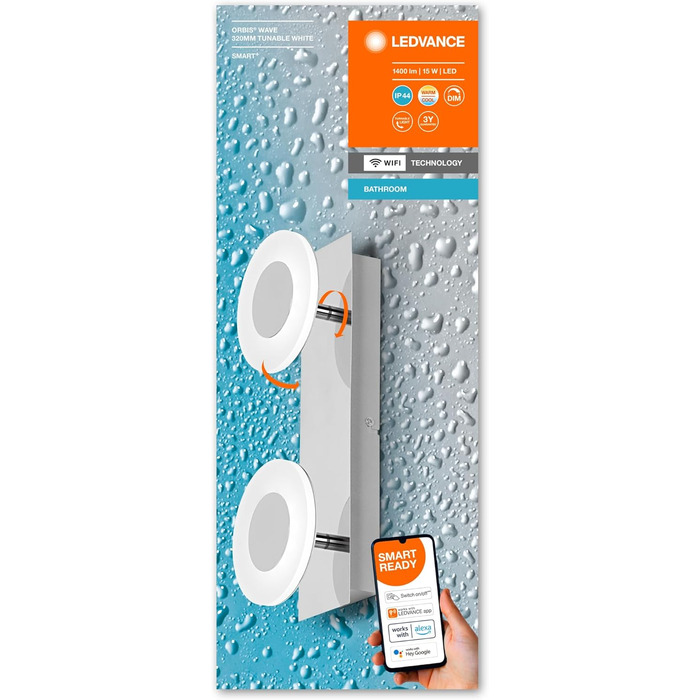 LEDVANCE Smart LED Bathroom Lamp white, 1200LM, 3000-6500K, 300mm x 70mm, IP44, Orbis Bath bathroom fixture with Wifi technology, dimmable, controllable via app and voice assistants (Chrome, 30cm, Round)