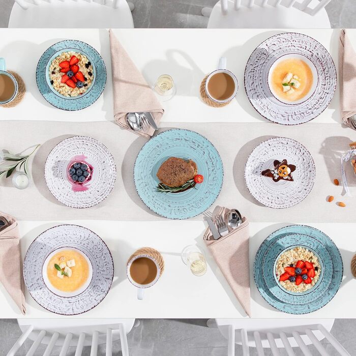 Tableware stoneware, vancasso VINE Ess Geschirrset, 16-piece combination tableware set with 4 dinner plates, cake plates, bowls, and cups each for 4 people, embossed vine design 16-piece tableware set Vine series