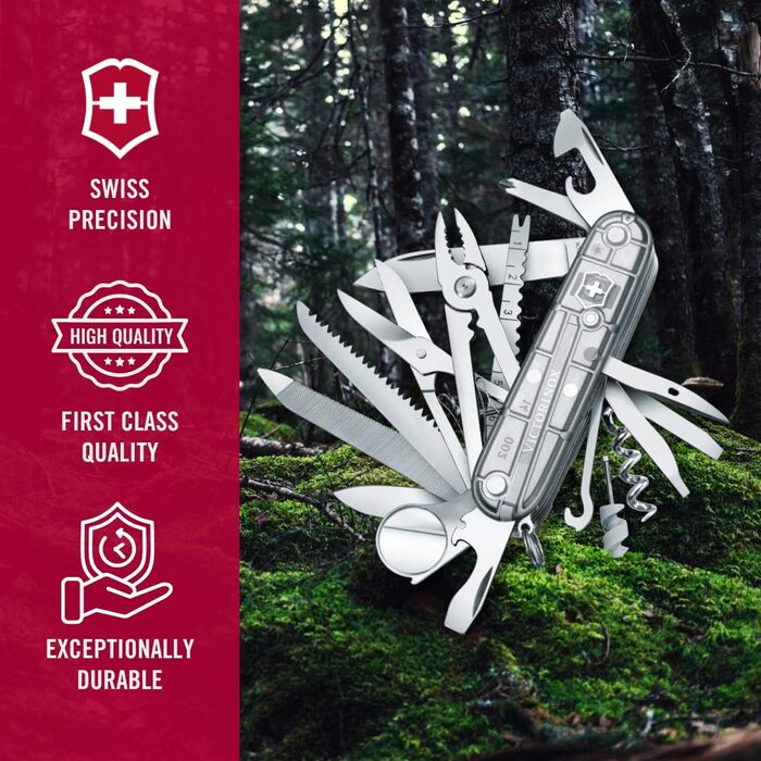 Мультитул Victorinox Swiss Champ: 33 функції, ніж, відкривачка, викрутка, прозорий сріблястий