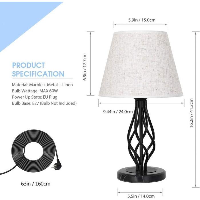 Настільна лампа YBING з льняним покриттям, 2 шт., для спальні, вітальні, комода. Пара ламп з чорного мармуру та льняним абажуром.