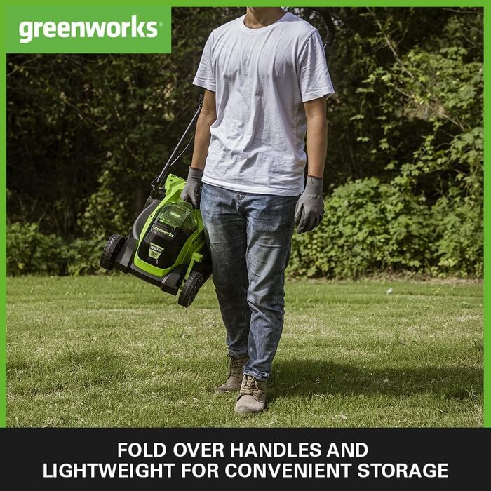 Акумуляторна газонокосарка Greenworks 24V, безщітковий двигун, 33 см, для газонів до 140 м², 30-літровий травозбірник, комплект з акумулятором і зарядним, 3 роки гарантії