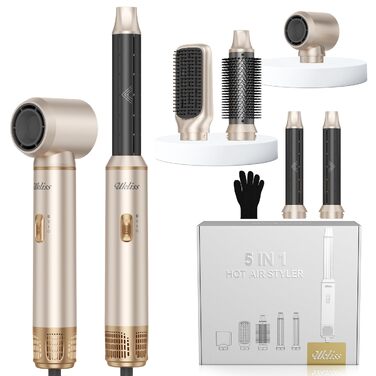 Мультистайлер для волосся 6 в 1 UKLISS Air Styler Set: фен-щітка, диффузор, плойка та вирівнювач, 1000 Вт, LCD-дисплей, Срібно-золотий