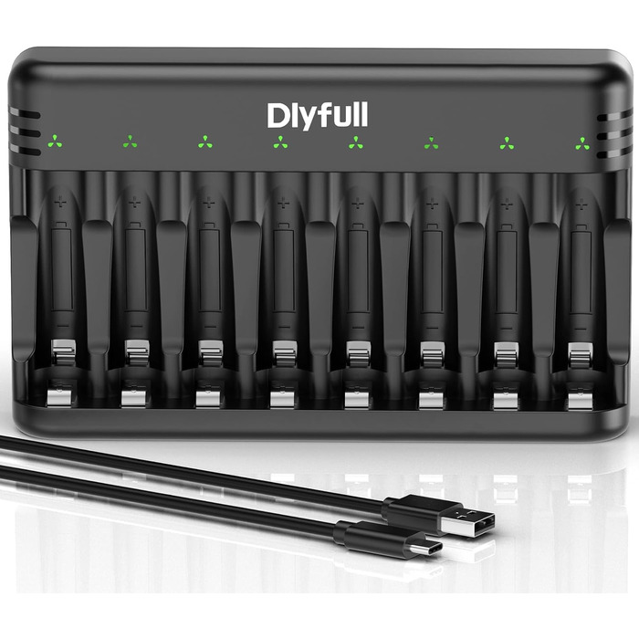 Зарядний пристрій Dlyfull для акумуляторів AAA/AA, 8-канальний зарядний пристрій з LED-дисплеєм, 5V/2A USB-C, для NI-MH/NI-CD, чорний