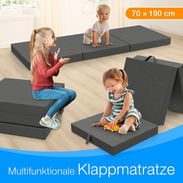 Складаний матрац ELONEO 70x190 см, 9 см, для дітей і дорослих, гостьовий, туристичний, антрацит