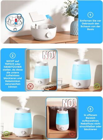 Зволожувач повітря AROEVE для спальні, 2,5л, 250 мл/год, дифузор для ефірних олій, автовимкнення, 25 дБ, тихий для дітей та рослин, білий