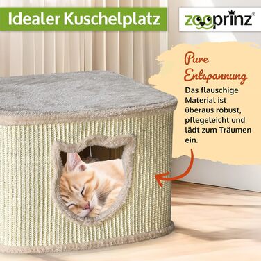 Преміум котячий будиночок Zooprinz – котячий кошик для кота – з товстими сизалевими стінами – затишна печерка з м'яким плюшем та іграшкою – котячий бокс у скандинавському стилі (Бежевий)