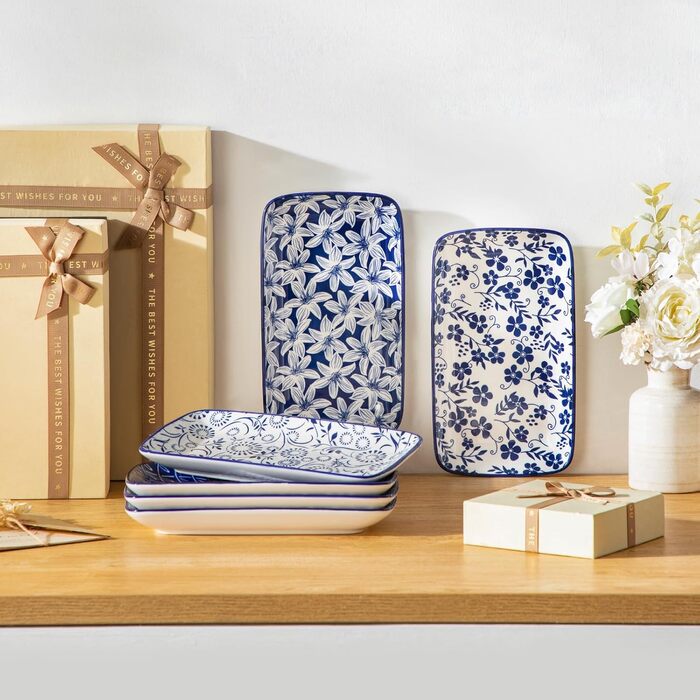 Набір сервірувальних тарілок Vancasso SELENE (6 шт.) - великі, прямокутні, порцелянові, для свят, сніданків, фуршетів, сирної тарілки, мікрохвильова піч та посудомийна машина, блакитно-білі