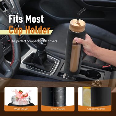 BLUEGO Glass Water Bottle 900ml Sport Water Bottle with 2 Lids and Straw Leak-Proof Glass Bottle with Time Marker and Measuring Scale BPA Free, Black