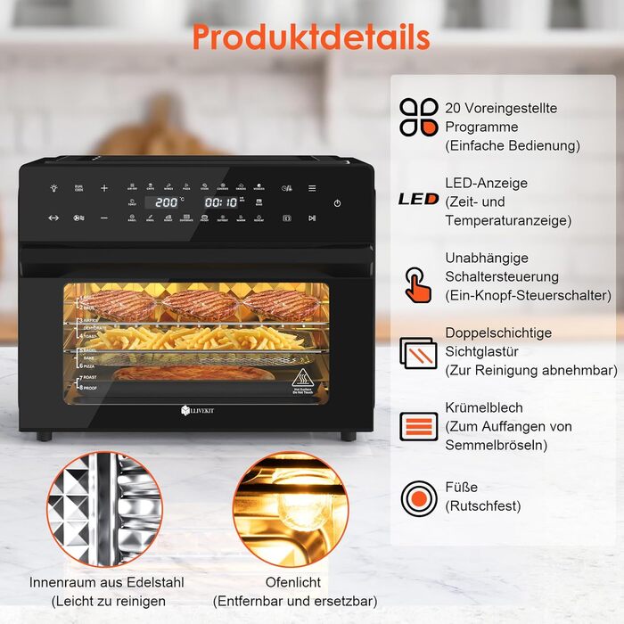 Фритюрниця гарячого повітря LLIVEKIT 30 л XXL, міні-піч з конвекцією, 20 програм, 9 аксесуарів, LED-екран, без олії, віконце, 2 режими, книга рецептів, 80-230°C, чорна