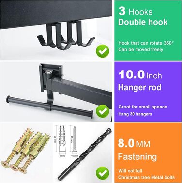 Сушарка для білизни Honeyhouse настінна розкладна, чорна, з кріпленням та тримачами для шкарпеток