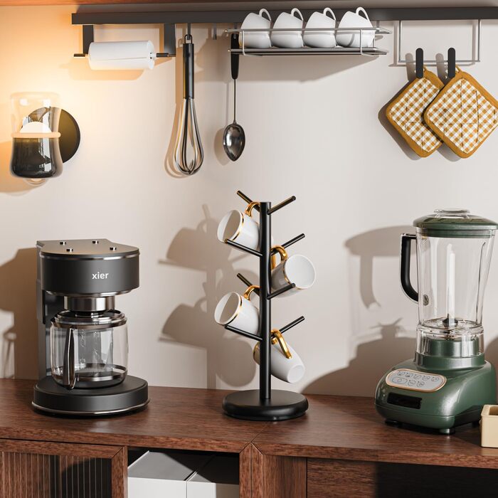 BAMBANG Bamboo Coffee Mug Tree, Swivel Coffee Mug Holder for Countertop, Coffee Mug Shelf with 8 Hooks, Coffee Mug Organizer, Coffee Mug Hanger for Coffee Bar, Black