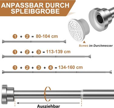 Штанга для душу/шторки без свердління AIZESI, телескопічна, 80-160 см, діаметр 22 мм, для ванної, вікна, шафи