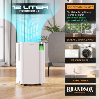 Електричний осушувач повітря Brandson з компресором, 12 літрів, Wi-Fi, з додатком, таймер, відвід води через шланг, захист від замерзання, білий