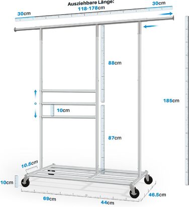 Стійка для одягу на колесах HOKEEPER, подвійна, вантажопідйомність до 283 кг
