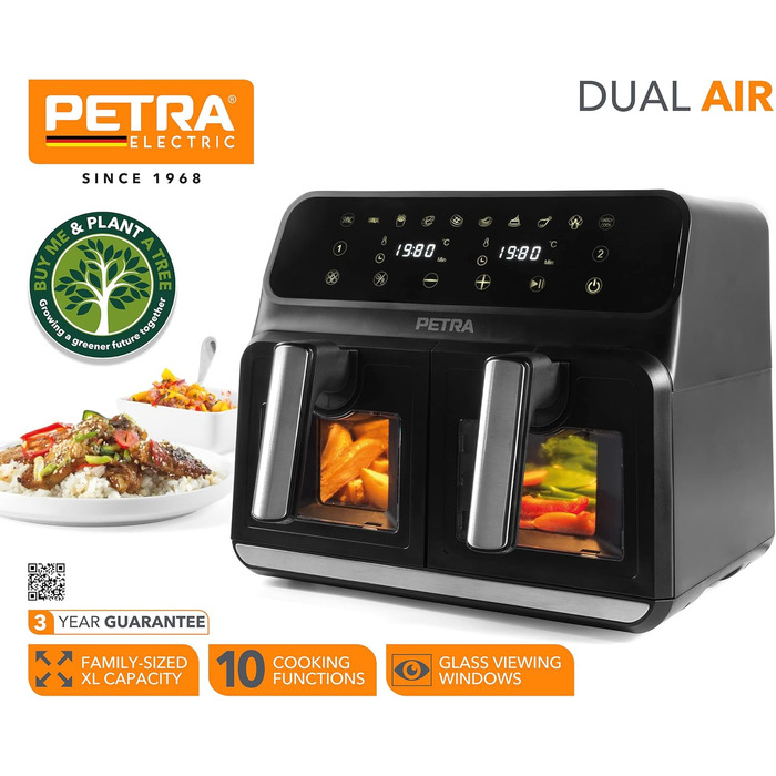 Двокамерна аерофритюрниця Petra PT5196GWVDE 7,6 л, без олії, 1700 Вт, подвійна шухляда з оглядовими вікнами, антипригарні кошики, 10 програм