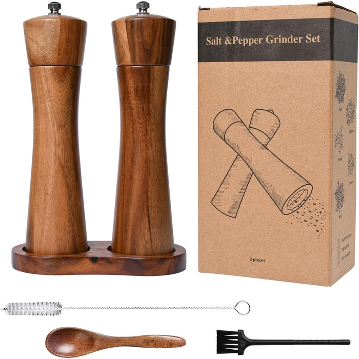 Set of 2 pepper mills made of good wood, salt and pepper mill set, 21 cm length, allows adjustment of the pepper grind, spice grinder with stainless steel core.